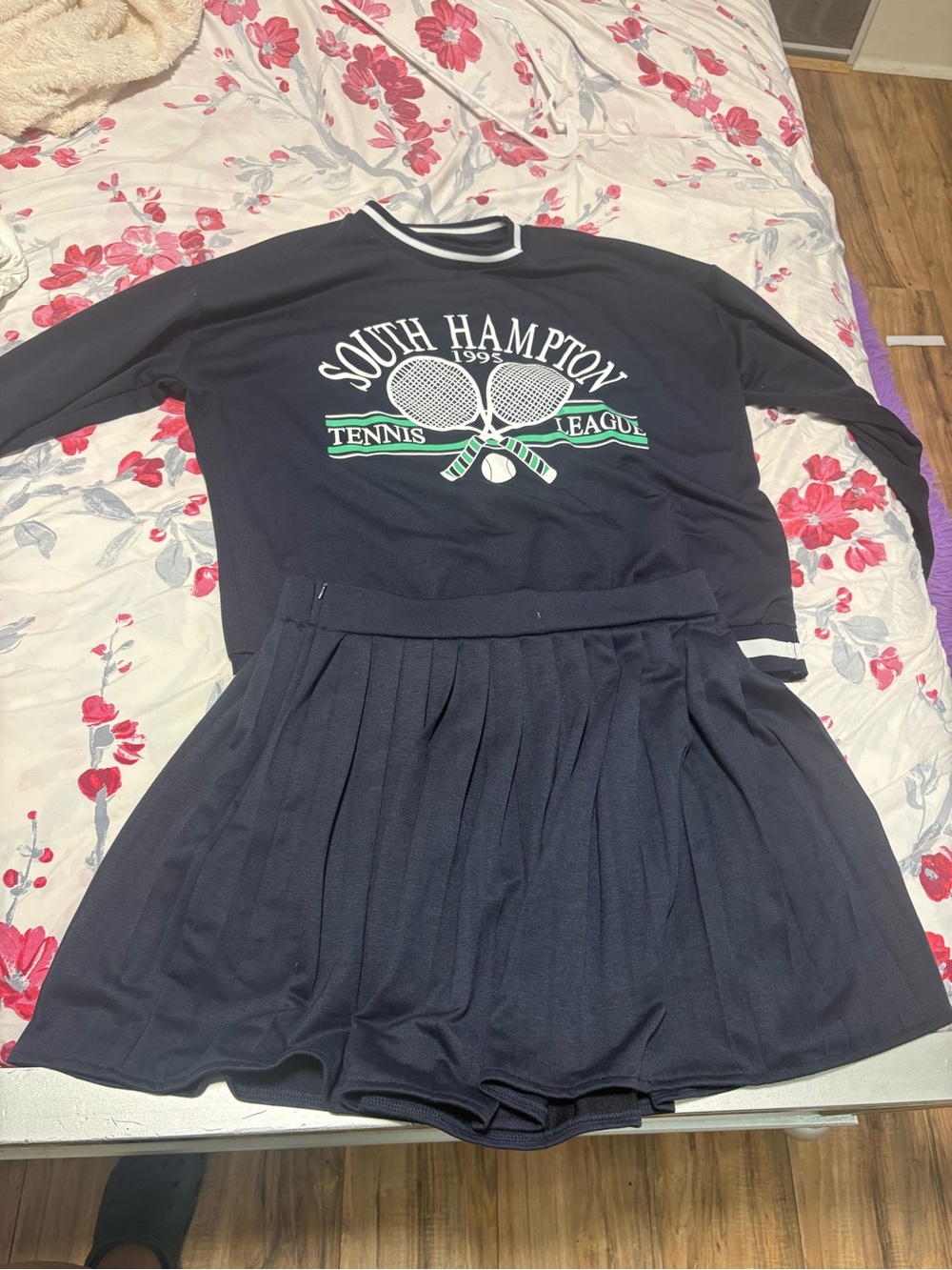 SHEIN Navy Tennis Graphic Sweatshirt and Pleated Skirt Set